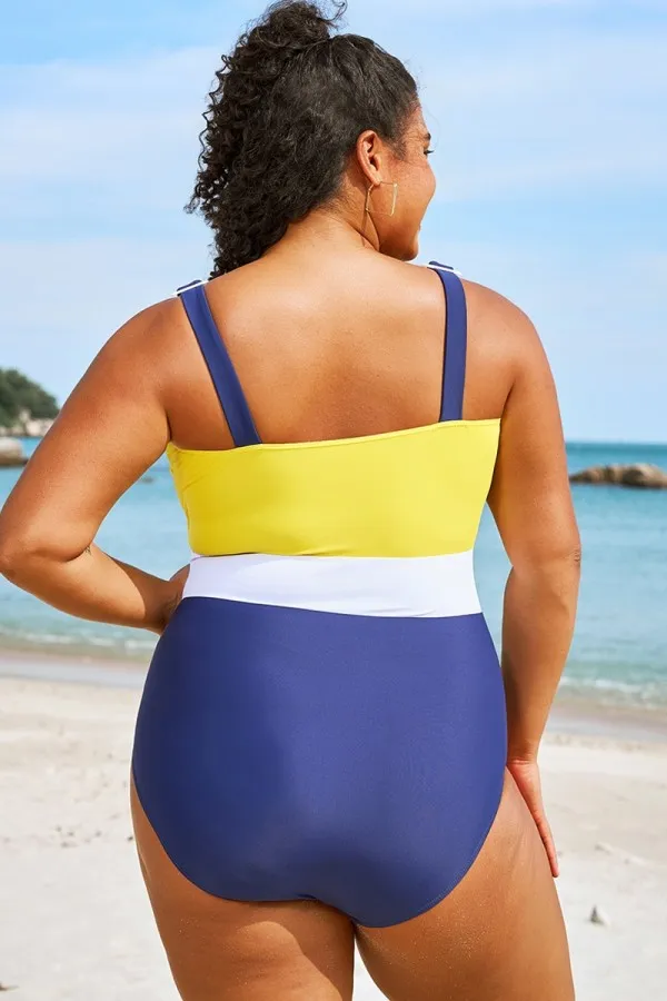 Plus Size Colorblock Tummy Control One Piece Swimsuit
