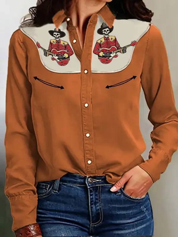 Women's Retro Western Skeleton Cowboy Playing Guitar Print Casual Shirt