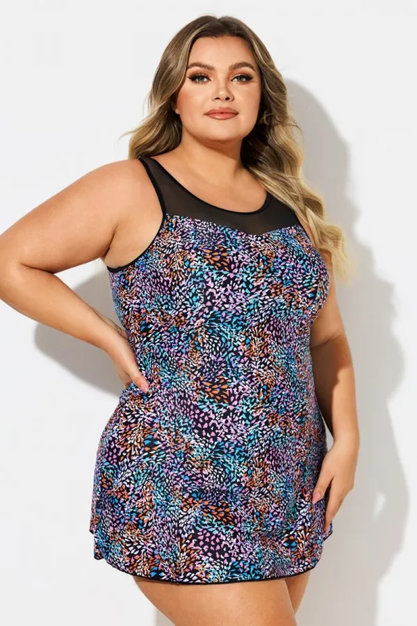 Multi Abstract Print Mesh High Neck Swimdress