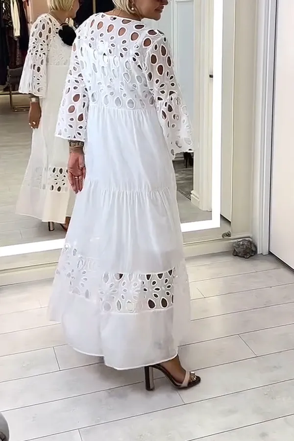 Women'S Solid Color Lace Hollow Loose Dress