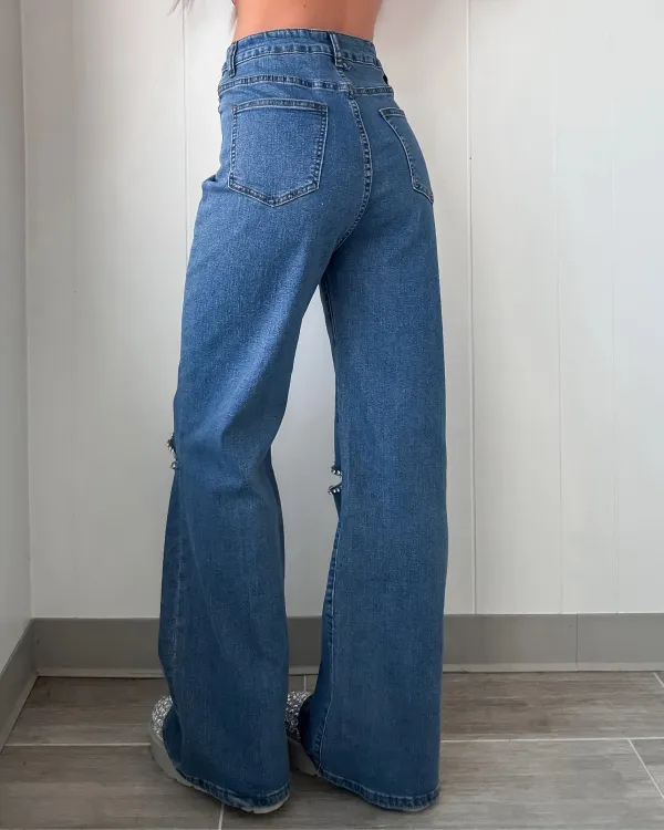Wide Leg Cutout Jeans - Denim