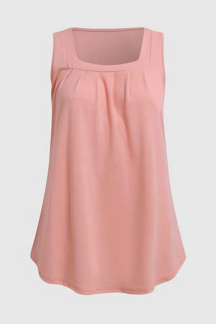 Solid Pleated Square Neck Tank Top