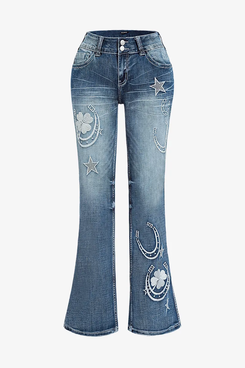 Star & Moon Pattern Double Button Mid Rise Flare Jeans