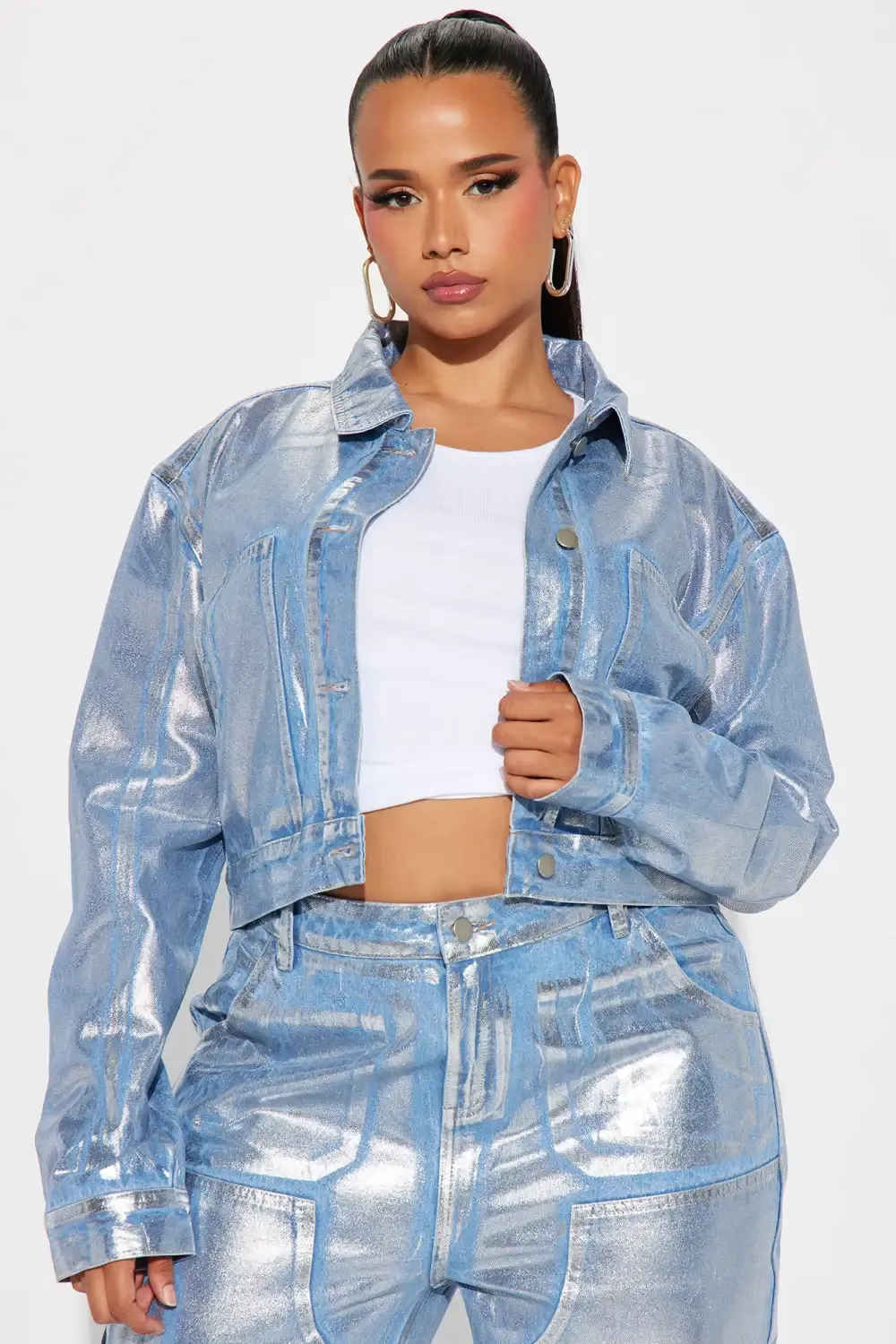 Big Time Magic Metallic Coated Denim Jacket - Light Wash