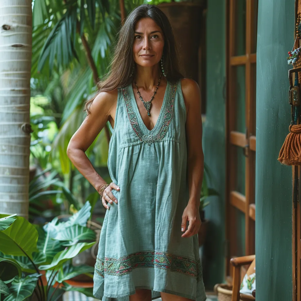 Retro Boho Tribal Art Embroidery Print Cotton And Linen V-neck Sleeveless Midi Dress