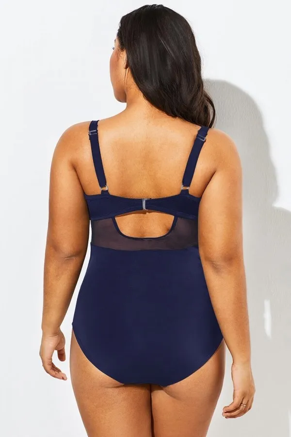 Blue Cut Out Mesh Underwire One Piece Swimsuit