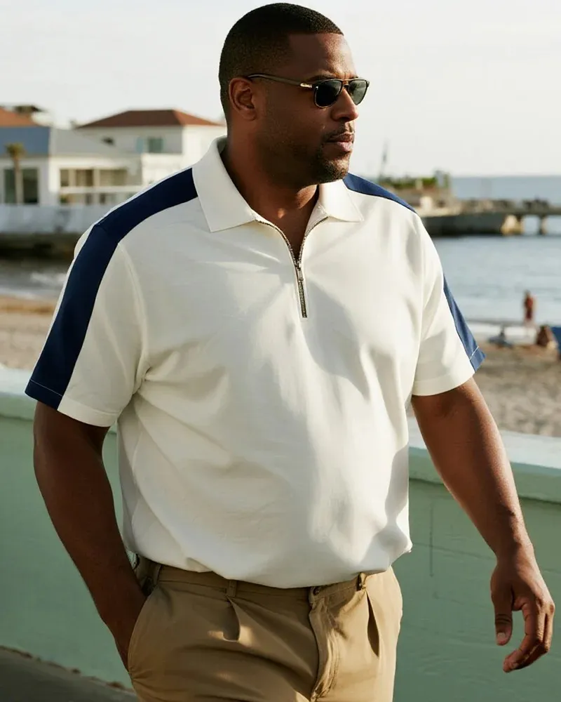 Big & Tall Men's Business Contrast Shoulder Short Sleeve Zipper Polo Shirt