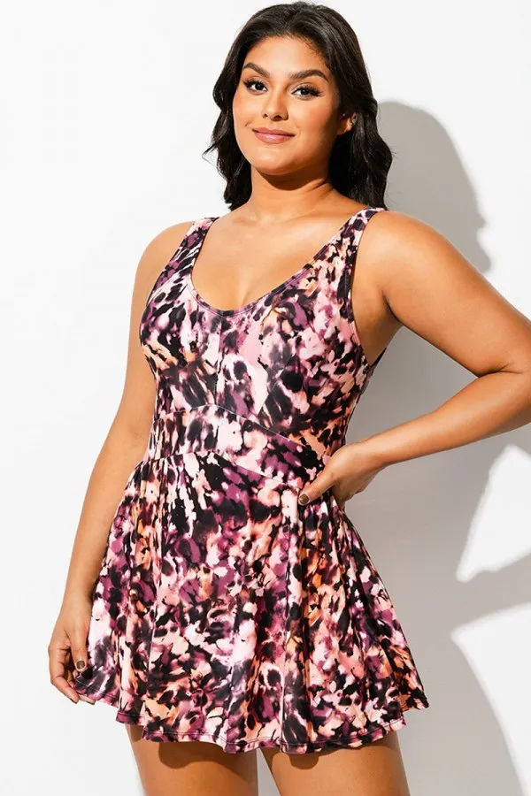 V-Neck Auburn Tie Dye Black Elegant Swimdress