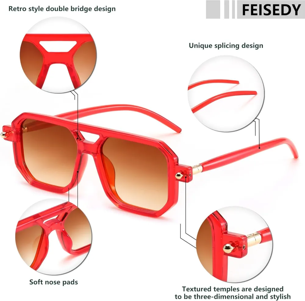 FEISEDY Vintage Square 70s Flat Aviator Sunglasses Women Men Classic Retro Stylish Frame UV400 Sunglasses B2622