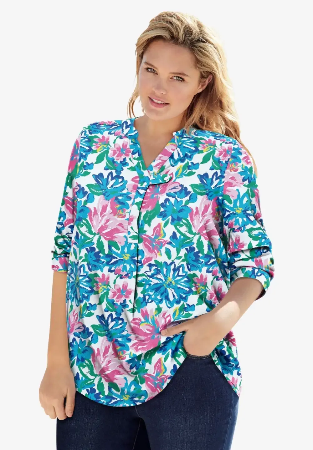 Rayon 7-Day Three-Quarter Sleeve Tab-Front Tunic