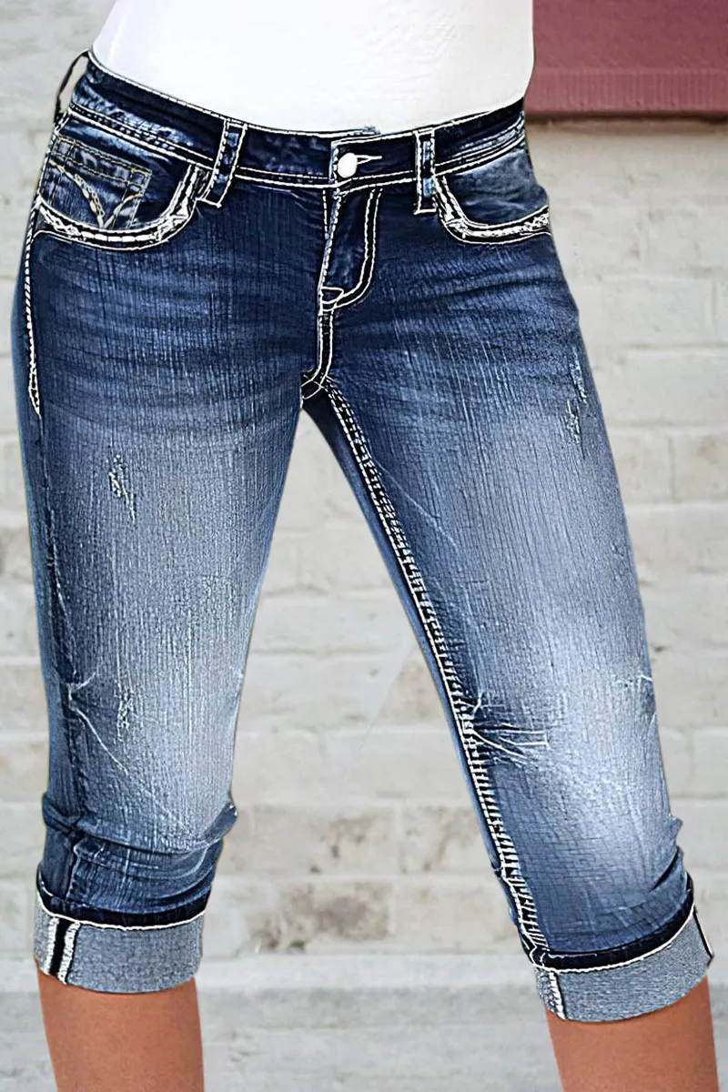 Stitch Detail Wash Stretchy Low Waist Capri Jeans