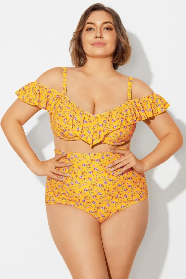 Yellow Floral Ruffled Underwire Women Bikini Top
