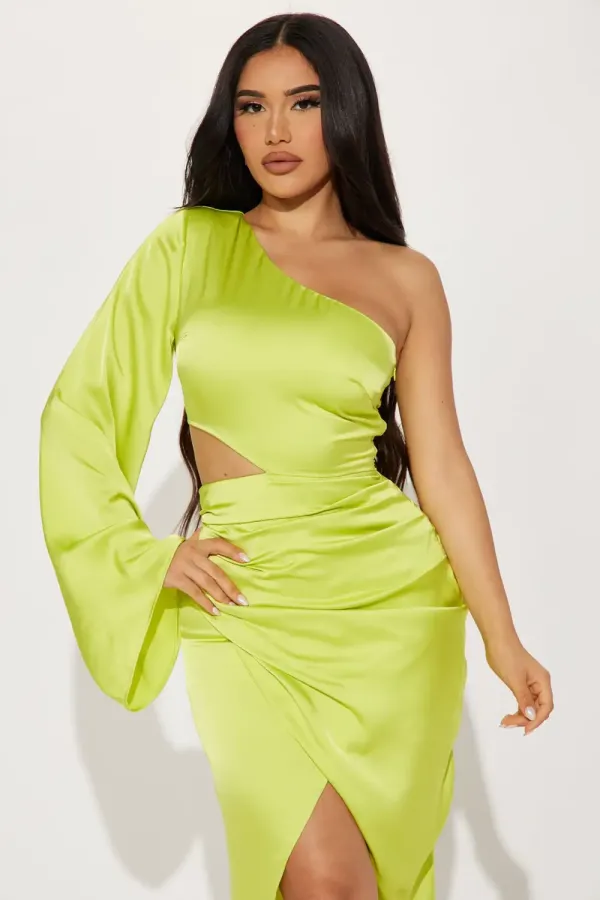 Alison Satin Midi Dress - Lime