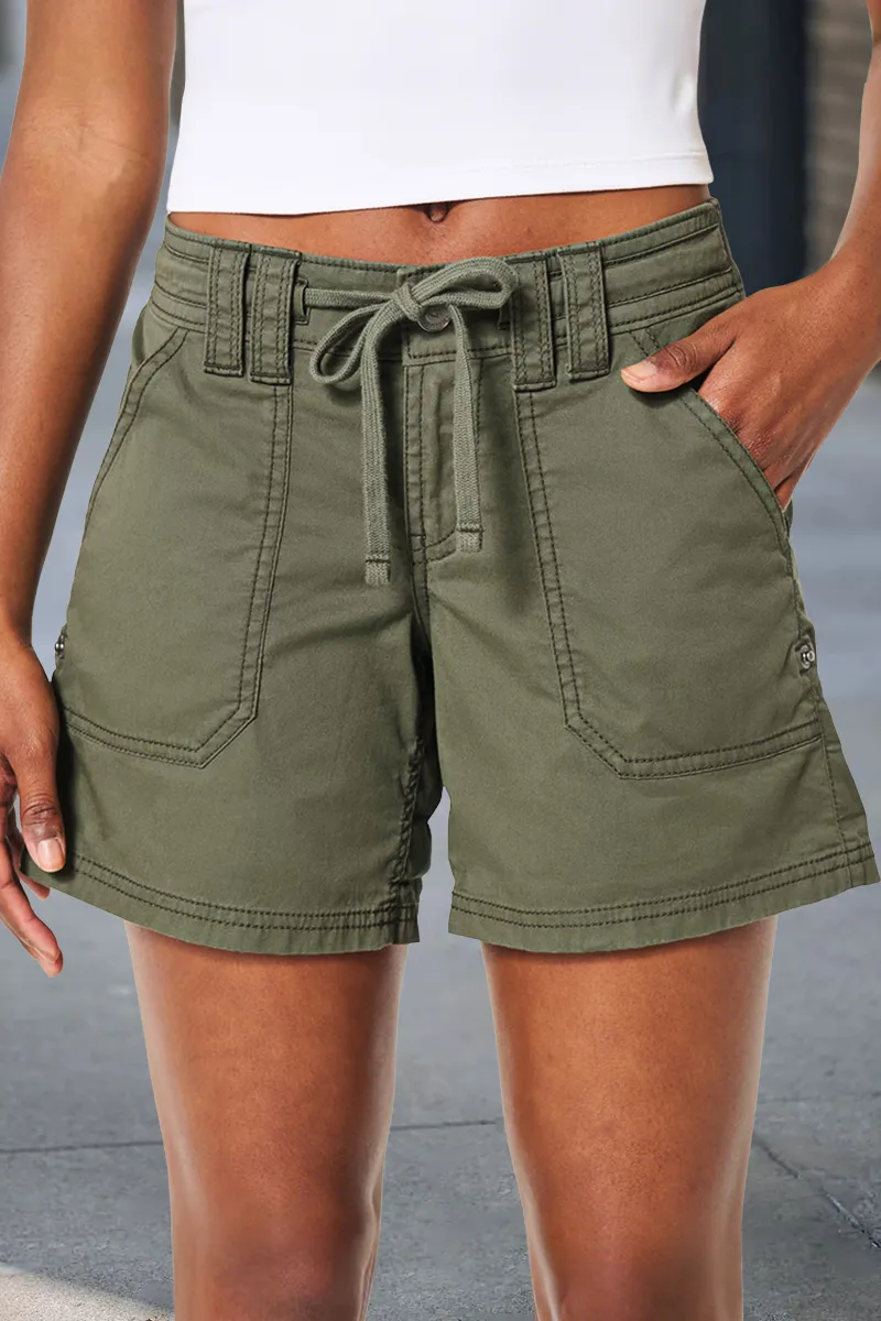Solid Drawstring Roll Tab Hem Mid Waist Shorts