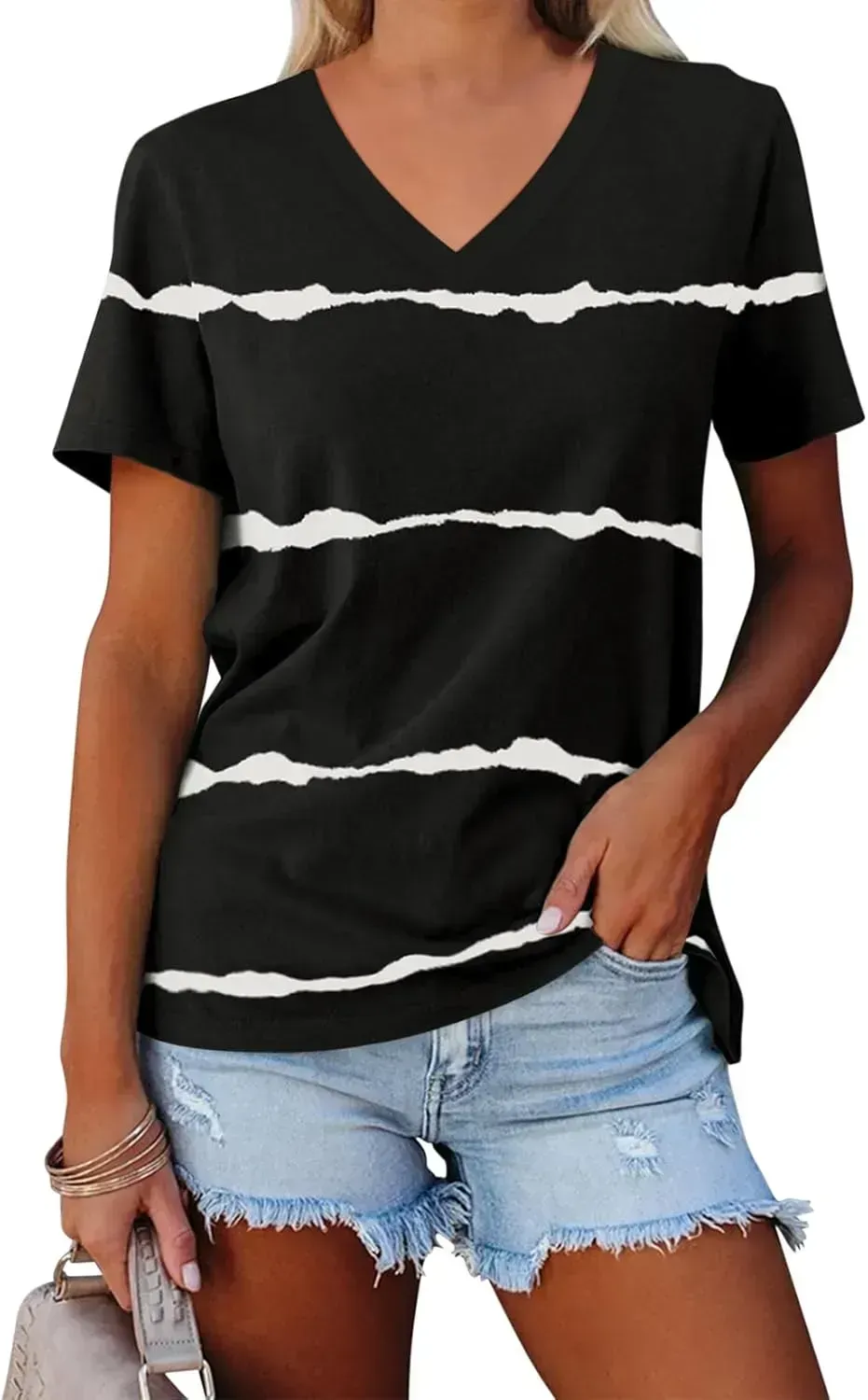 ORANDESIGNE Women's Color Block Short Sleeve T Shirts Casual V Neck Summer Tops Tees Loose Fit Blouses