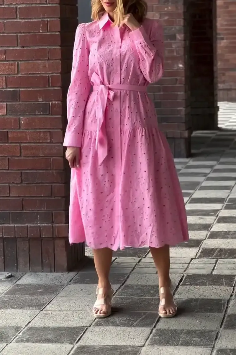 Women's casual hollow fabric pleated belted shirt dress