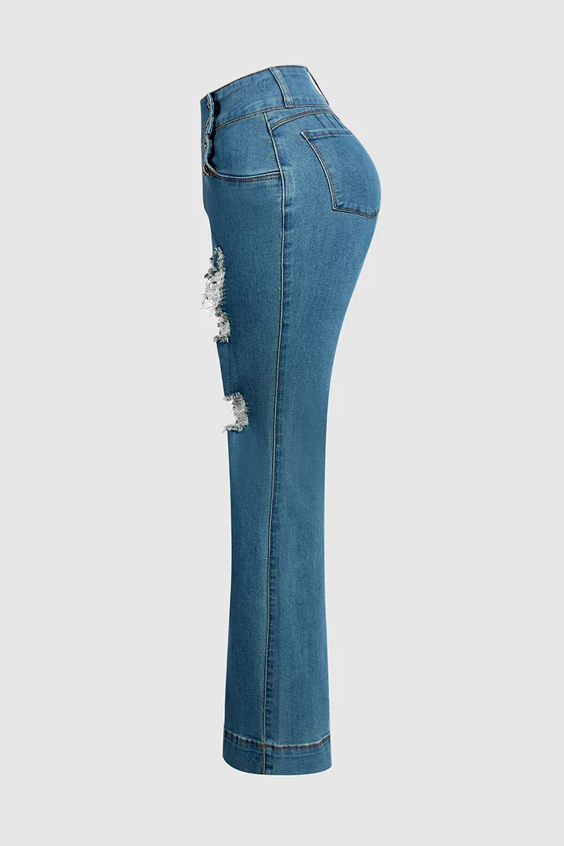 Ripped Double Breasted Button Fly High Rise Bootcut Jeans