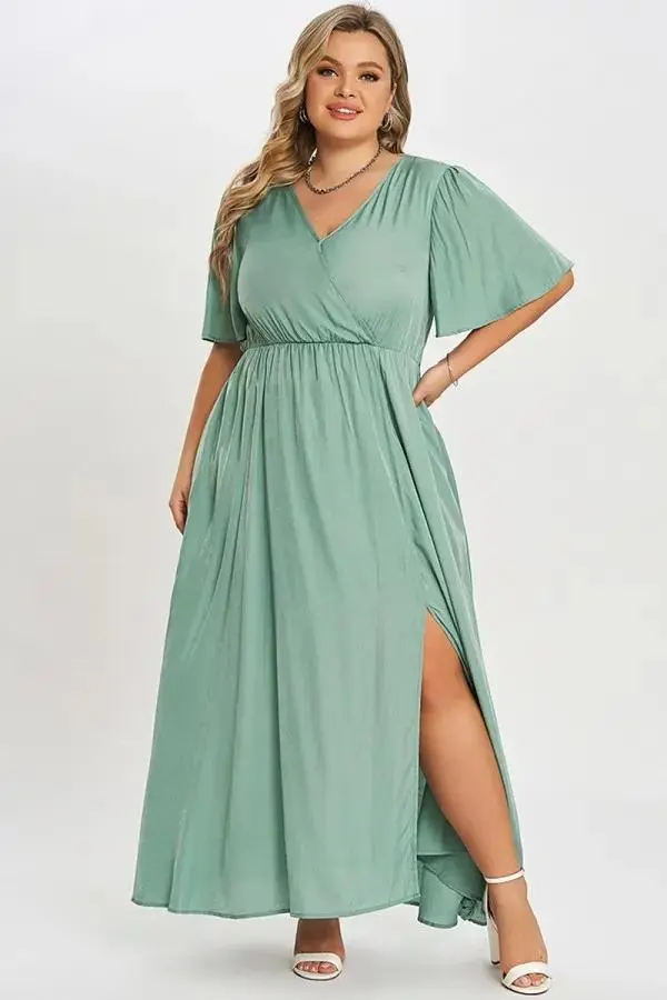 Green Flutter Sleeve Pocket Split Women Maxi Dress