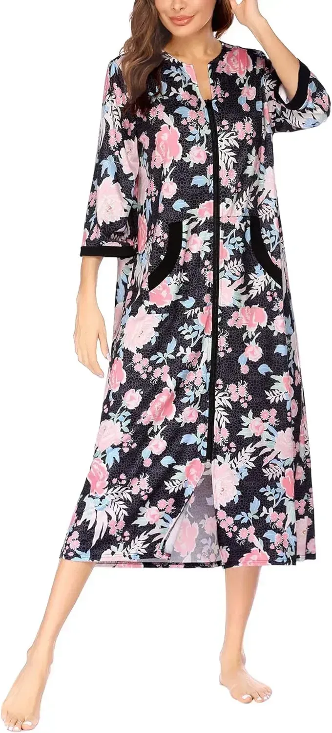 Women Zipper Robe 3/4 Sleeves Loungewear Dress Full Length Sleepwear Pockets Housecoat Nightgown Long Bathrobe