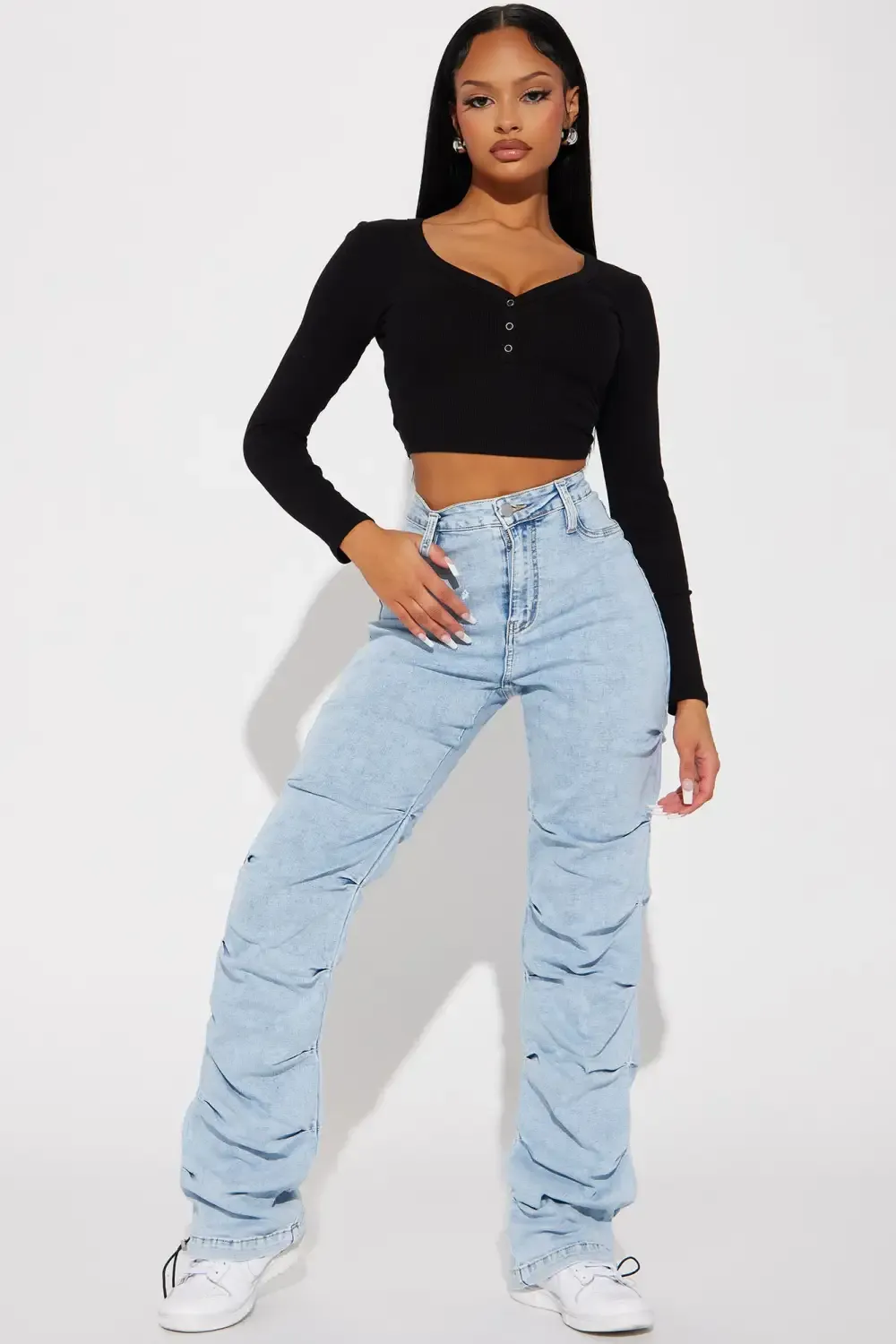 Catch My Vibe Stacked Straight Leg Jeans - Acid Wash Blue