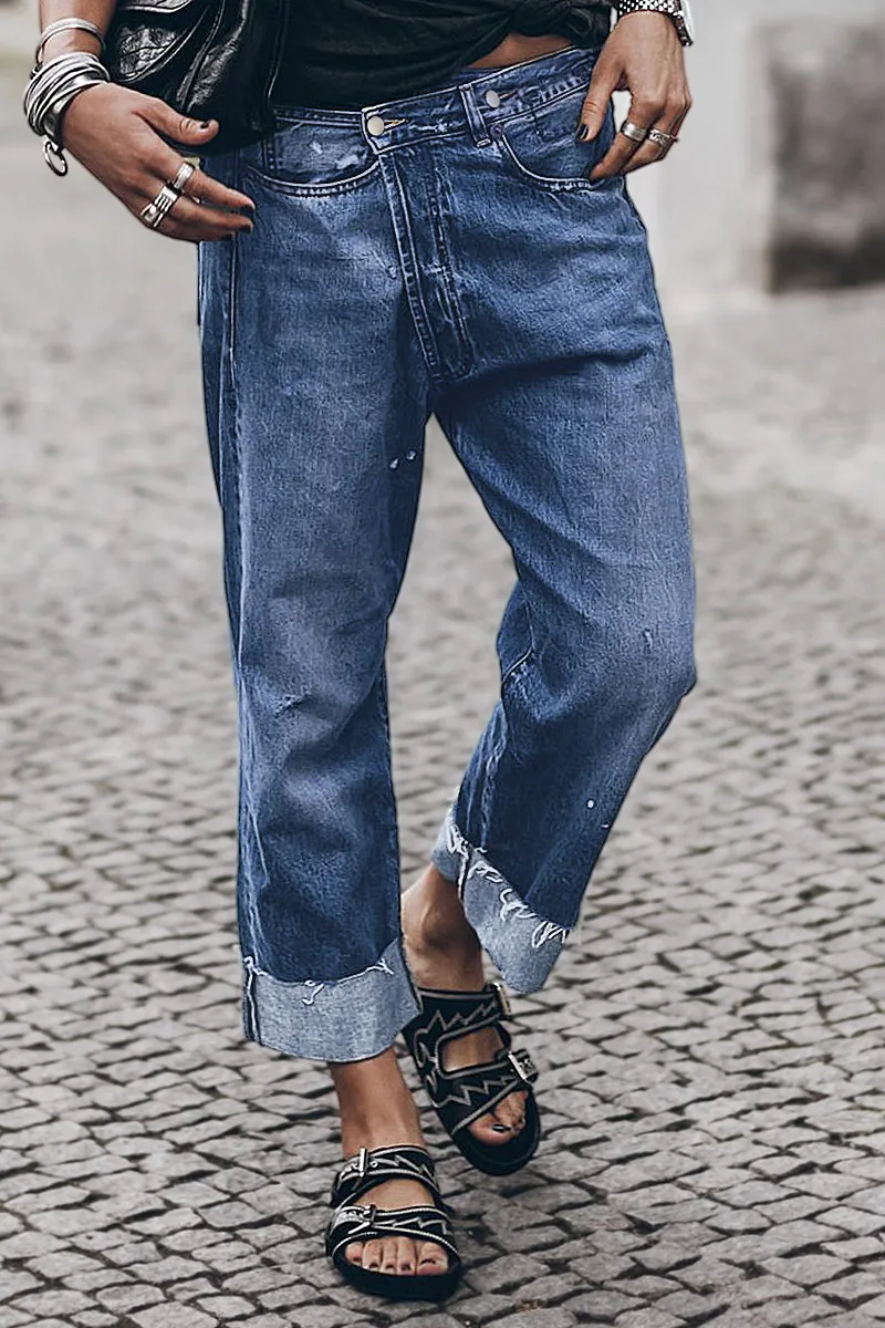 Wash Ripped Raw Roll Hem Wrap High Rise Straight Leg Jeans