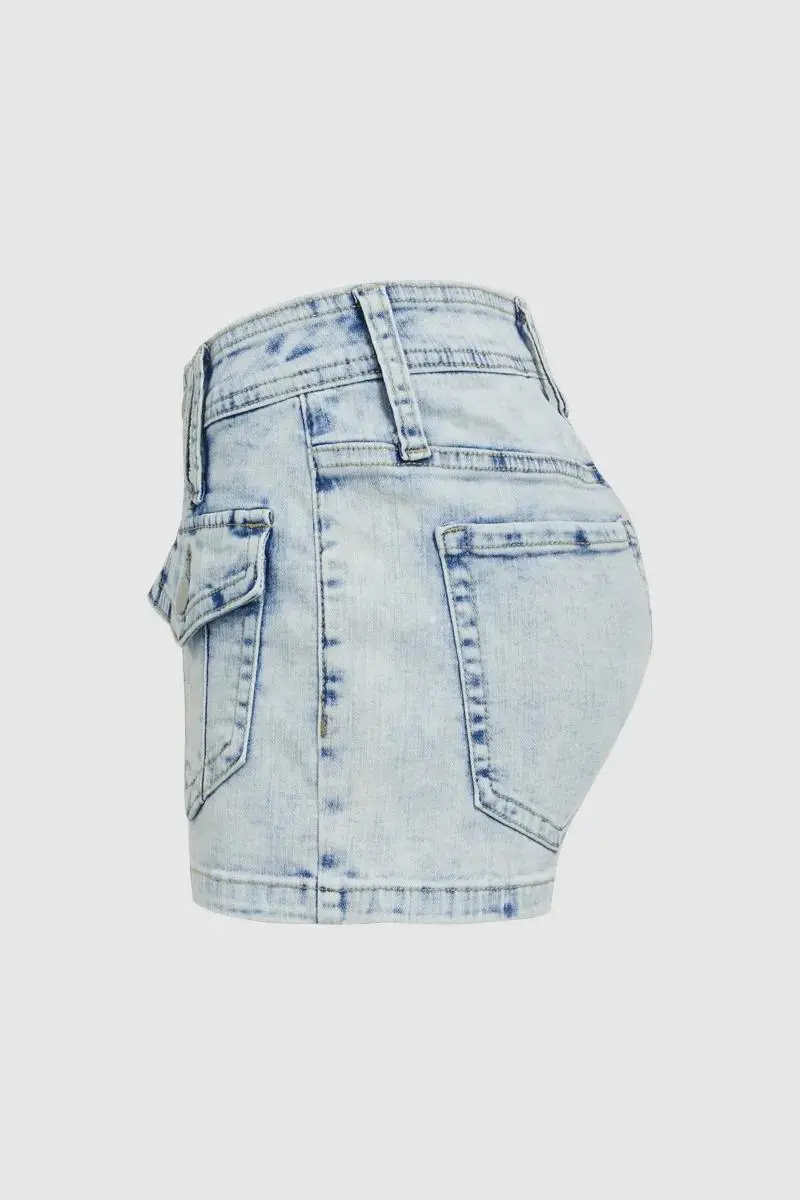 Wash Flap Pocket Front Low Waist Denim Shorts