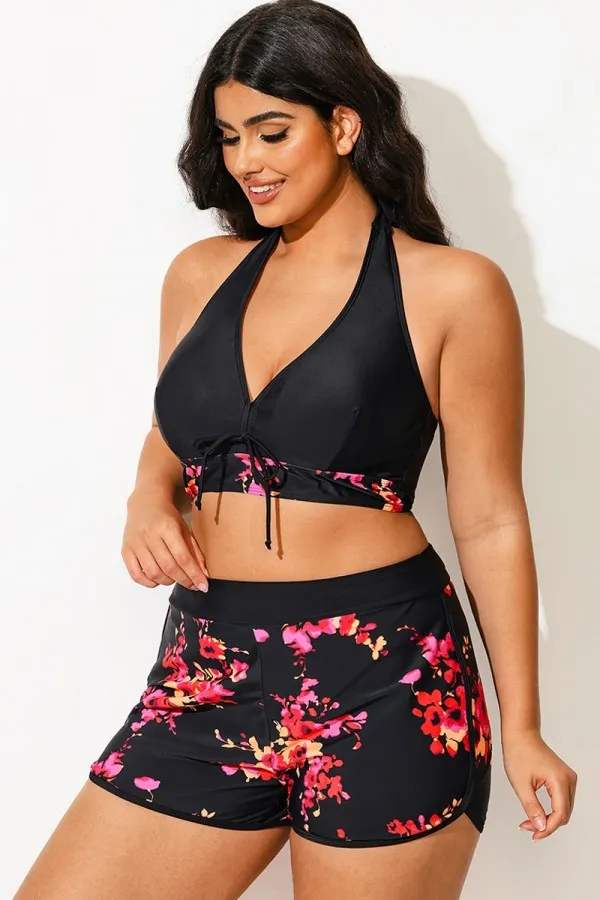 Floral Printed V-Neck Halter Sexy Bikini Top