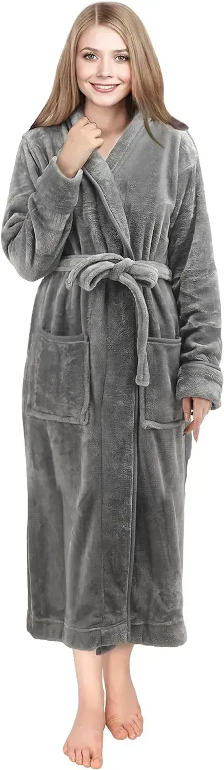 Women Fleece Shawl Collar Bathrobe - Plush Long Robe