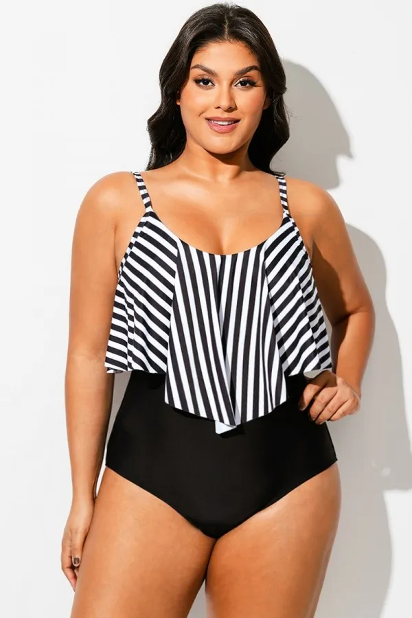 Black & White Striped Hem One Piece Swimsuit