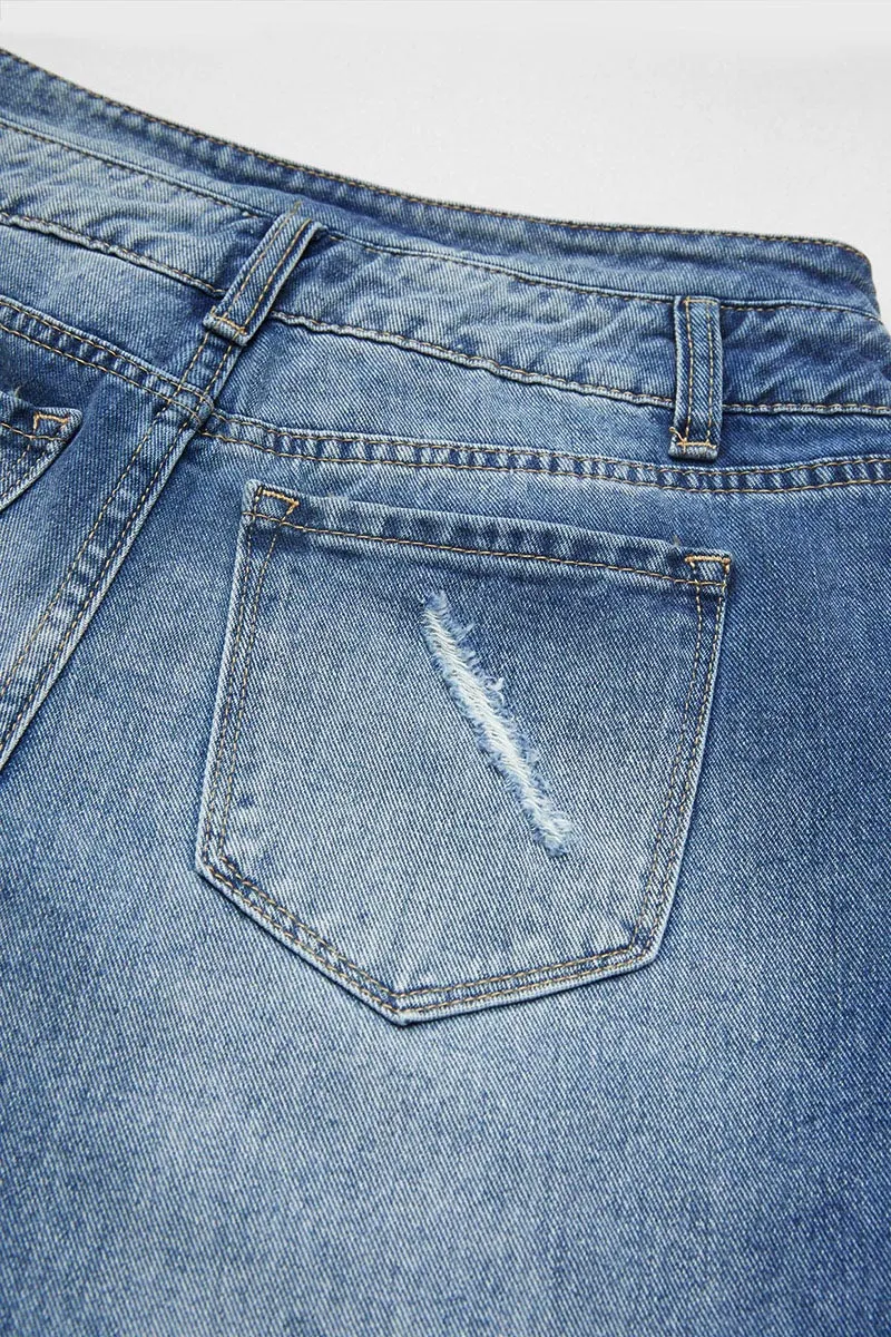 Raw Hem Ripped High Rise Bermuda Denim Shorts