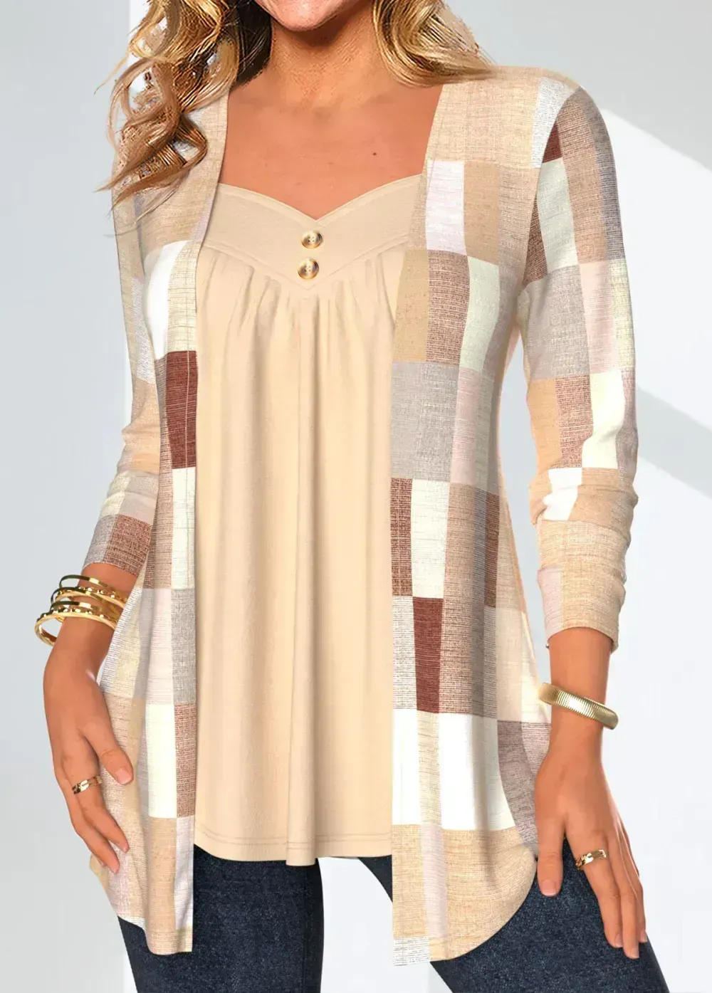 Skin Color Fake 2in1 Geometric Print Long Sleeve Blouse
