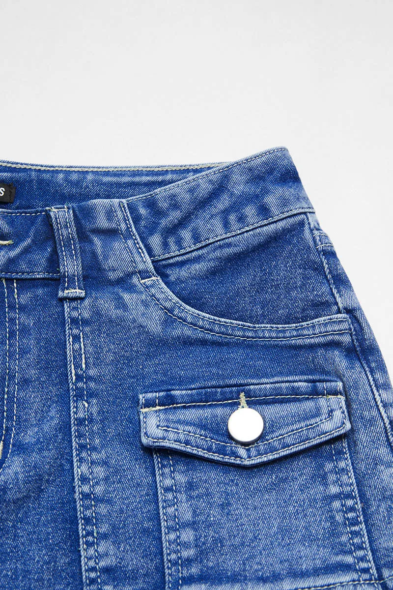 Wash Flap Pocket Front Mid Waist Denim Shorts