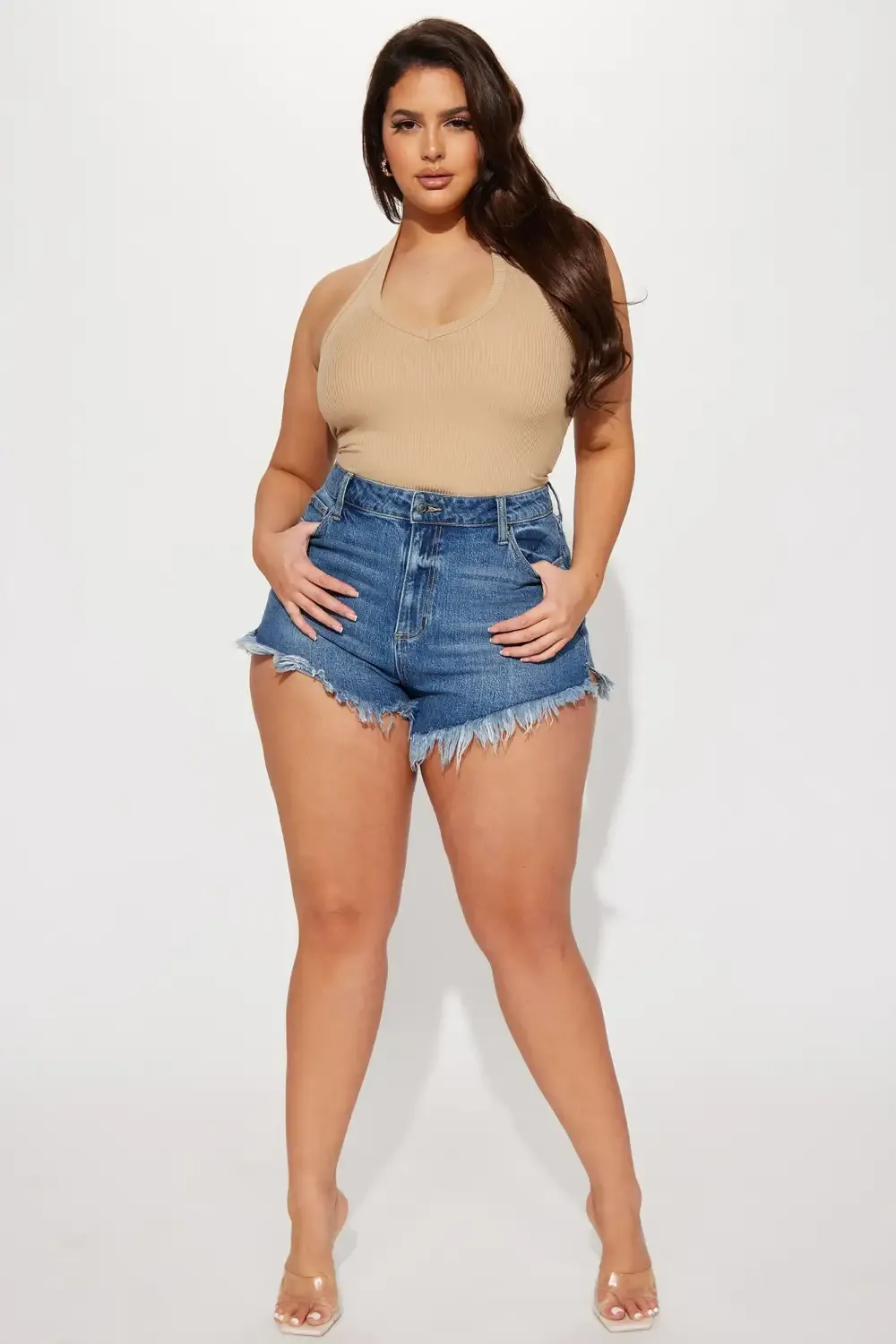 High Cut Cheeky Super Fray Denim Shorts - Medium Wash