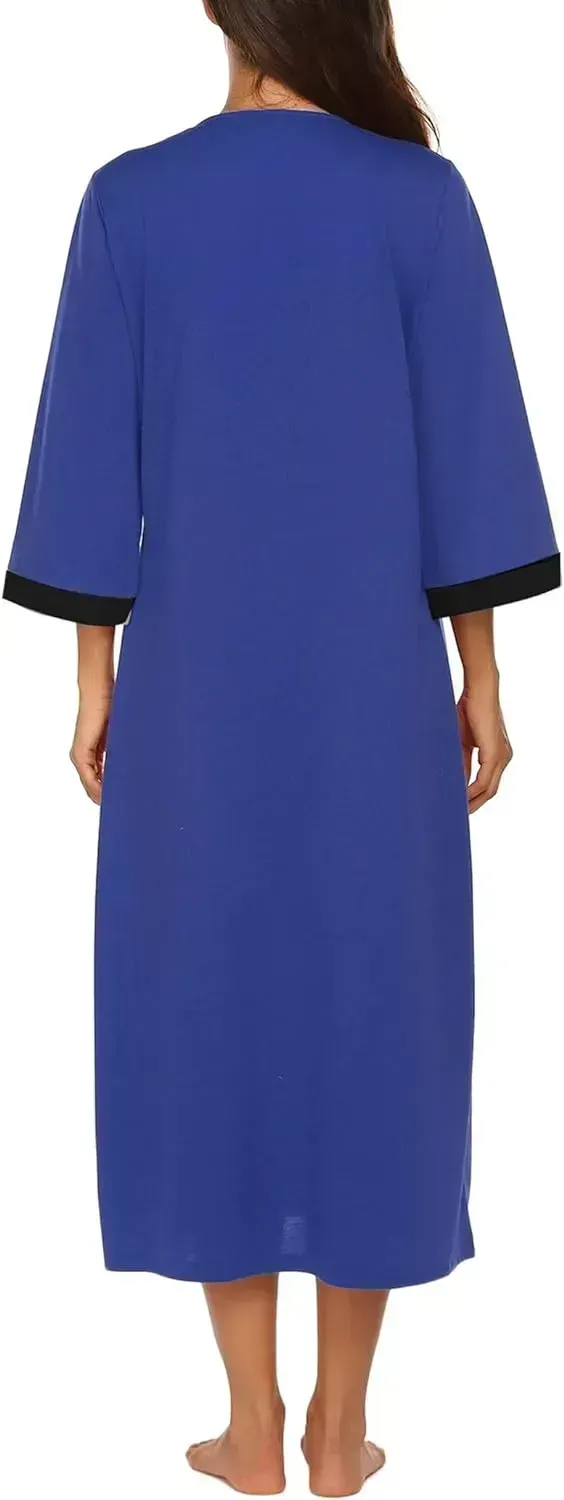 Women Zipper Robe 3/4 Sleeves Loungewear Dress Full Length Sleepwear Pockets Housecoat Nightgown Long Bathrobe