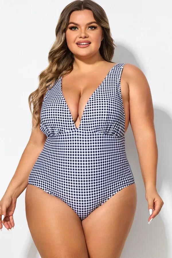 Gingham V-neck Low-cut Leg One Piece Swimsuit