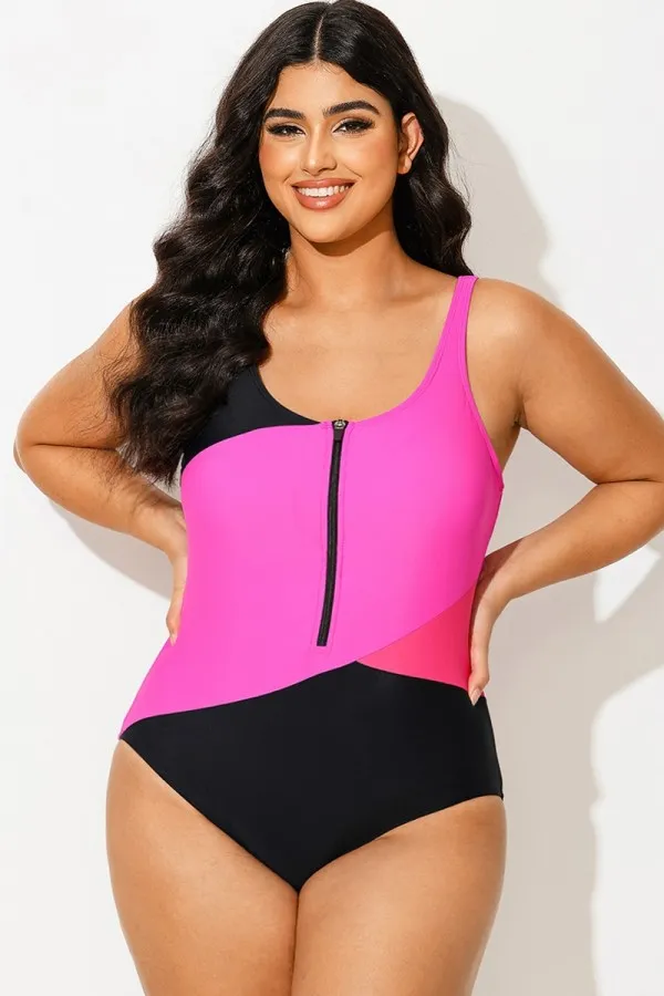 Black Pink Zip Front Colorblock One Piece Swimsuit