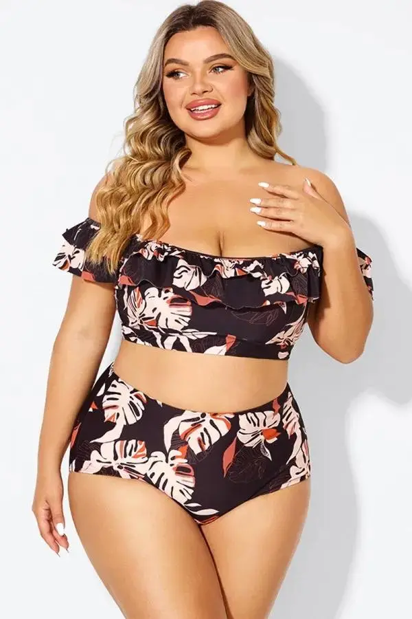 Flower Print Ruffle Women Bikini Top