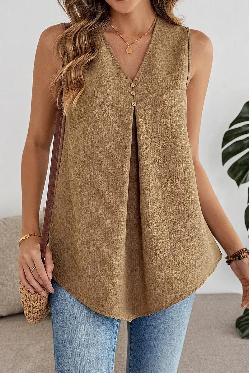 Chiffon Solid Pleated Button Front V Neck Tank Top