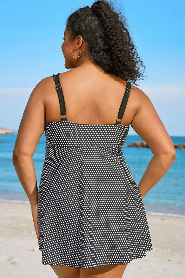 Plus Size Polka Dot Drawstring Swimdress