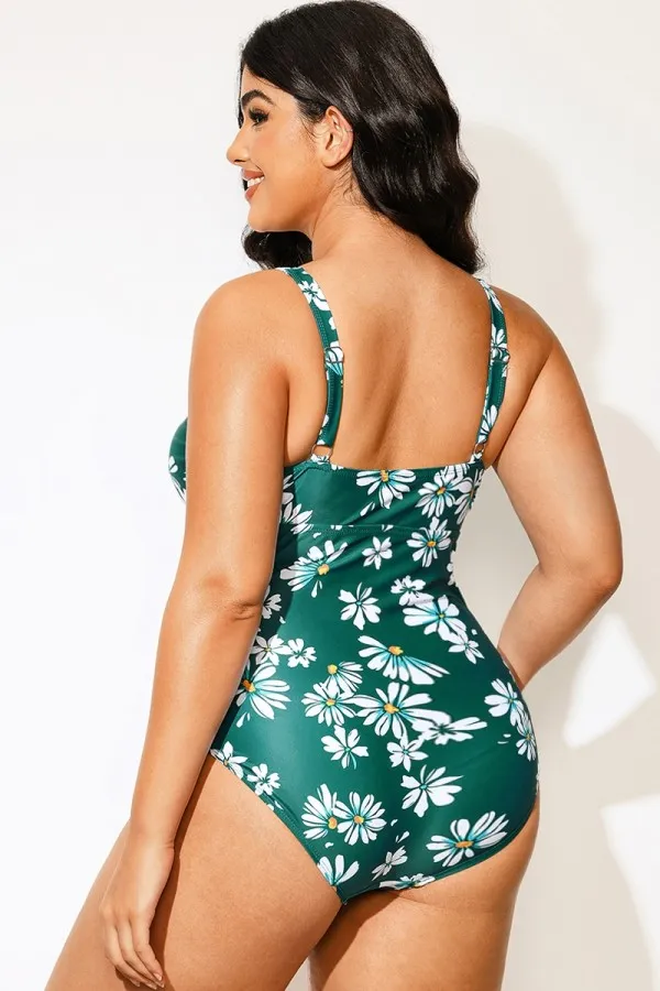 Plus Size Daisy Print Knotted Ruched One Piece Swimsuit