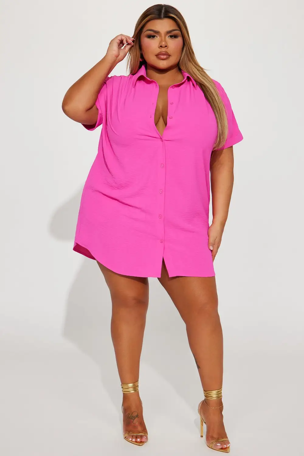 Amelia Mini Shirt Dress - Hot Pink