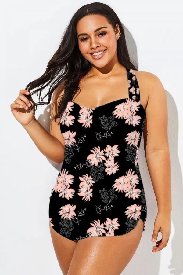 Floral Print H-Back Sarong Front One Piece Swimsuit