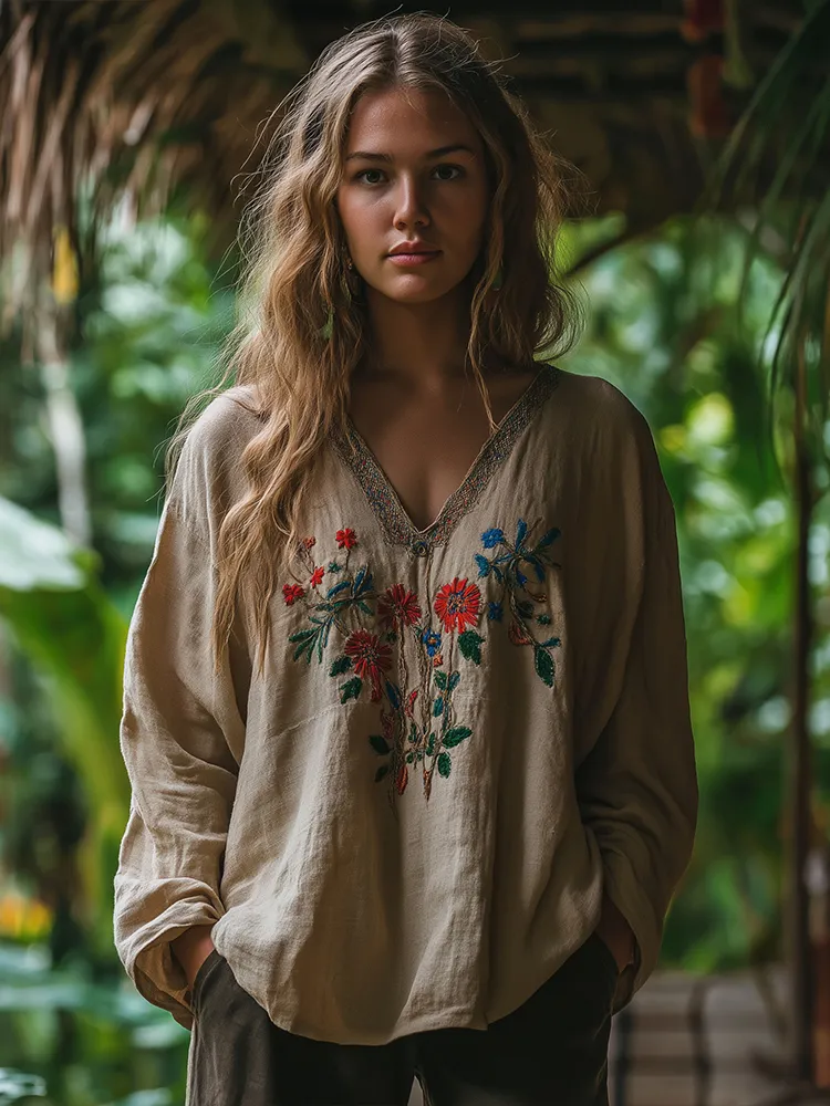 Vintage Bohemian Floral Embroidered Linen V-neck Shirt