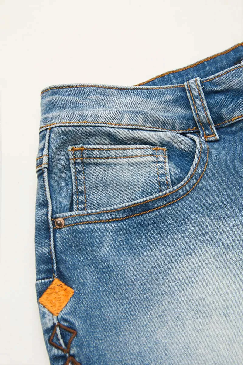 Horse Embroidery High Waist Bootcut Jeans Without Belt