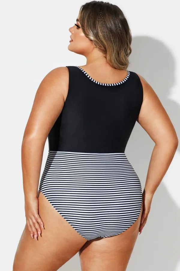 Black & White Striped Front Zip One Piece Swimsuit