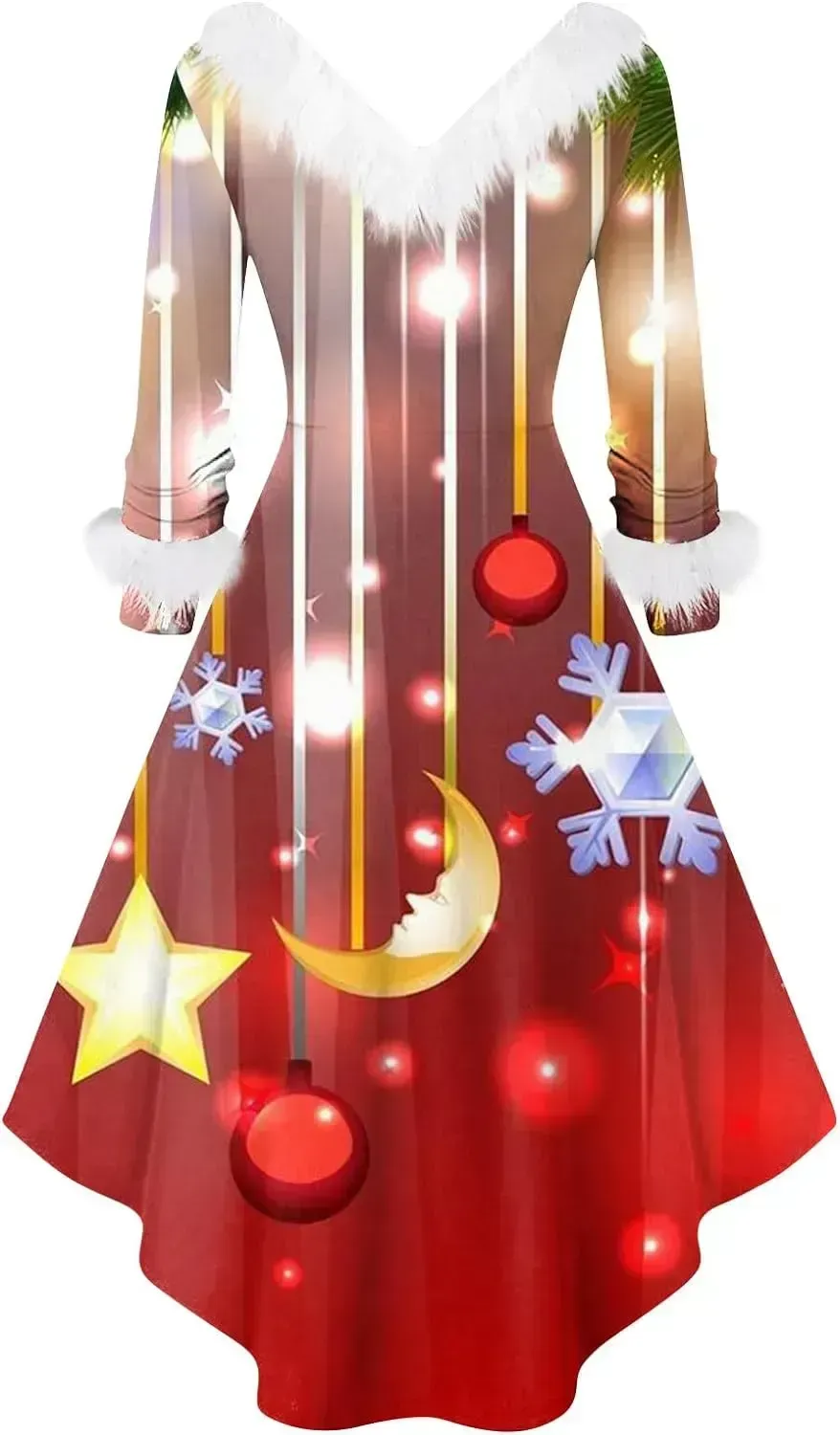 Womens Christmas Dress Fuzzy Mrs Claus Christmas Holiday Xmas Cocktail Holiday Party Flare Dress