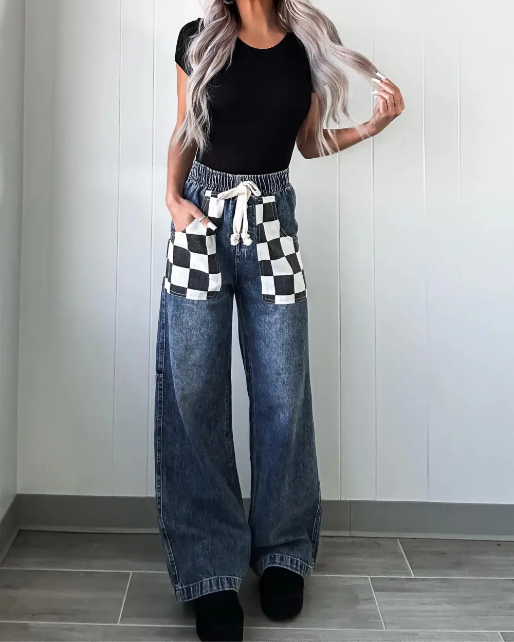 Glam Checkered Pocket Jeans - Denim
