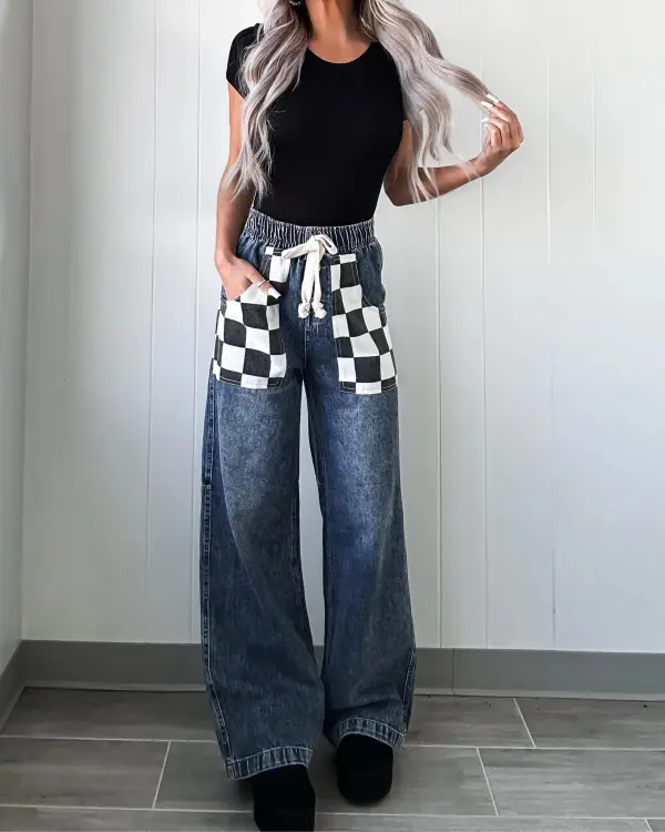 Glam Checkered Pocket Jeans - Denim