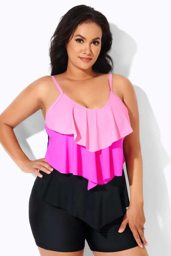 Plus Size Colorblock V-Neck Ruffle Women Tankini Top