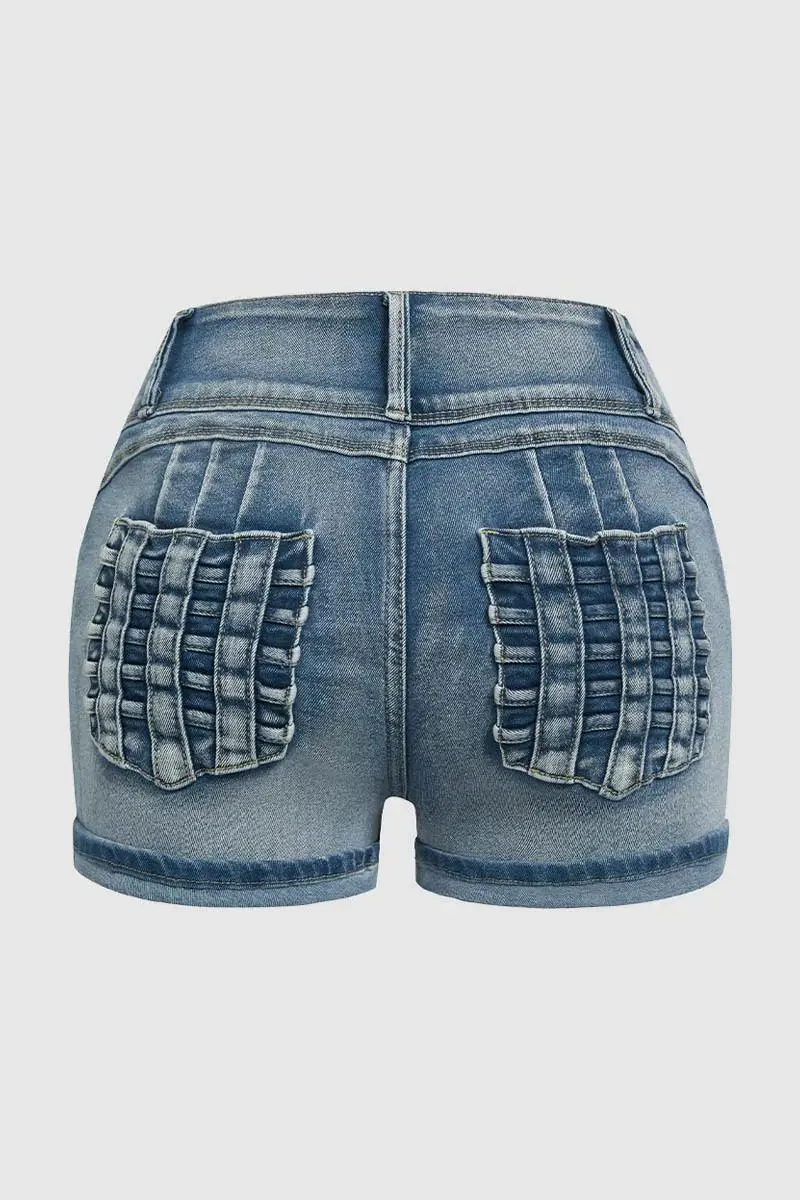 Ripped Roll Hem Button Up High Rise Denim Shorts